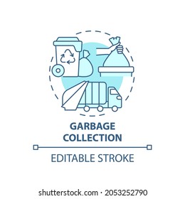 Garbage collection blue concept icon. Waste management process abstract idea thin line illustration. Trash collection truck. Rubbish recycling. Vector isolated outline color drawing. Editable stroke
