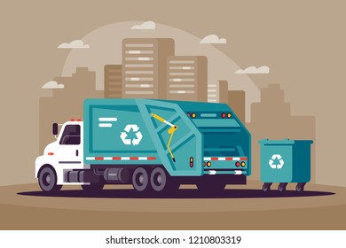 Garbage collection in the city in the garbage truck. Concept city cleaning, urban bussines, transport, vehicle. Vector illustraion.