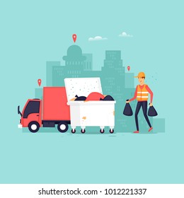 Garbage collection in the city, truck container with garbage scavenger. Flat vector illustration in cartoon style.