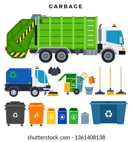 Garbage collection and disposal, set. All for garbage removal. Garbage truck, trash can, dumpster, urn, sweeper, cleaner cart, broom, brush, bucket, gloves, garbage bags. Vector illustration