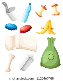 Garbage collection icon. Trash set. Plastic, organic and metal waste. Colorful vector illustration. Isolated on white background.