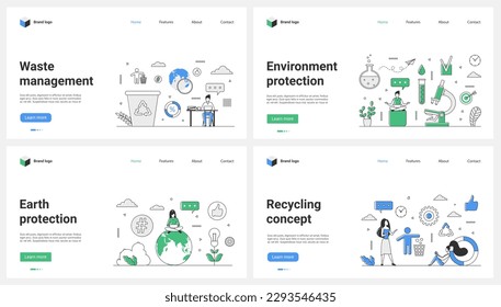 Garbage collection management for environmental protection, waste recycling set vector illustration. Cartoon tiny people separate rubbish into dustbin containers to protect environment of Earth