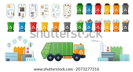 Garbage collection. Plastic bins, truck for garbage and waste incineration plants. Waste Factory, truck, containers. Different types of trash: Organic, Plastic, Metal, Paper, Glass, E-waste. Vector