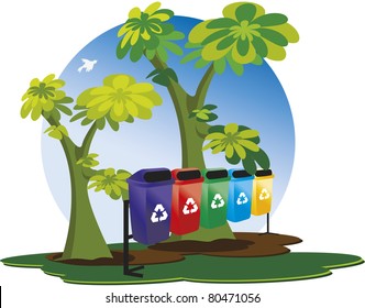 Garbage collection for recycling. Garbage collection containers for recycling. It also has a blue sky, trees and a bird.
