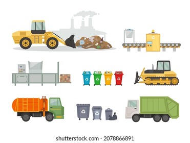 Garbage collection and recycling equipment set. Conveyor belts and trucks with containers for transporting waste garbage bins with special color sorting caterpillar tractor. Vector cartoon utilize.