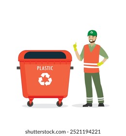 Servicio de colección de basura. Hombre caucásico en un contenedor uniforme y rojo con basura plástica. Concepto de reciclaje. Papelera aislada sobre fondo blanco. Ilustración vectorial plana