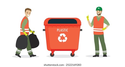 Servicio de colección de basura. Hombres caucásicos en uniforme y contenedor con basura. Concepto de reciclaje. colección y reciclaje de residuos separados. Diseño aislado sobre fondo blanco. Ilustración vectorial