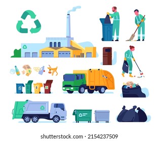 Garbage Collection Service. Litter Disposal. Scavengers Characters With Broomstick. Waste Recycling Plant. Dumpsters And Trash Truck. Rubbish Sorting Bins. Vector Refuse