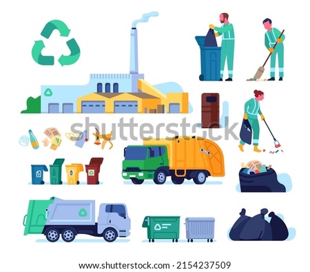 Garbage collection service. Litter disposal. Scavengers characters with broomstick. Waste recycling plant. Dumpsters and trash truck. Rubbish sorting bins. Vector refuse
