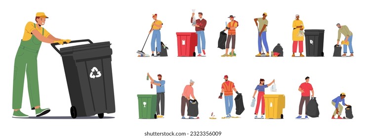 Garbage Collection Set. Characters Gathering And Disposing Of Waste Materials In An Organized Manner To Promote Cleanliness, Environmental And Sustainability. Cartoon People Vector Illustration