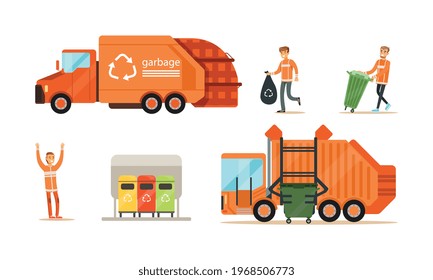 Garbage Collection Set, Orange Garbage Trucks and Garbage Collectors Removing Garbage Cartoon Vector Illustration