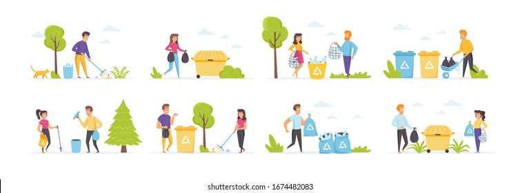 Colección de basura con personajes de personas en varias escenas y situaciones. Voluntarios recogen desechos en contenedores para reciclaje. Conjunto de ecología y cuidado del medio ambiente en estilo plano.