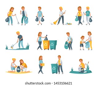 Garbage Collection Sorting Recycling Flat Set With People Picking Up Litter Rubbish Outdoor Cleaning Nature Vector Illustration