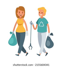 Garbage collection sorting recycling modern flat composition with picking up litter rubbish outdoor cleaning nature vector illustration
