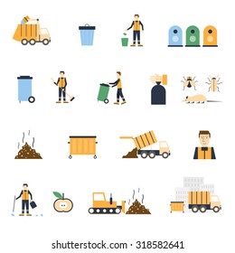 Garbage collection, trashcan, waste separation, garbage removal, the janitor set icons. Flat design vector illustration.