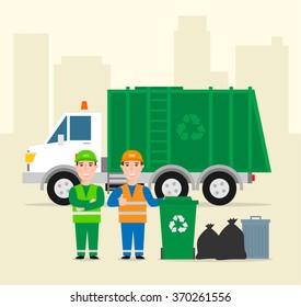 Garbage Collection .garbage Truck Garbage Man In Uniform Waste Bag Recycle Bin. Waste Management Concept Illustration