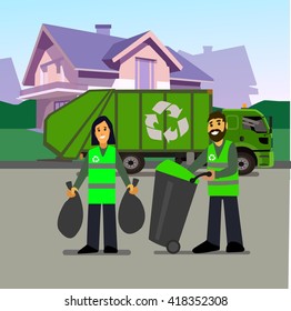 garbage collection. Garbage truck  and garbage men isolated on white background.