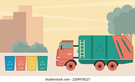 garbage collection vehicle in the background of the city