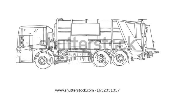Garbage collection vehicle, vector illustration.
Truck designed for loading, compacting, transporting and unloading
garbage. Modern rear loader uses hydraulic drive mechanism,
sketch.