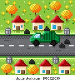 Garbage collection vehicles in the village pixel art.