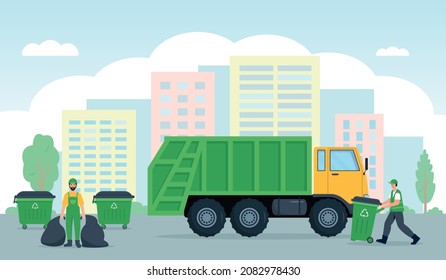 Garbage collection, Waste recycling and transportation in city. Sanitary Vehicle or garbage truck, bins and dustmen scavengers workers. Vector flat or cartoon concept illustration.