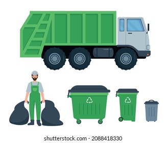 Garbage collection, Waste recycling and transportation set. Sanitary Vehicle, bins and dustman worker. Waste Collection, Vector flat or cartoon icons illustration isolated on white background. .