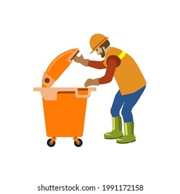 Garbage collection worker opened the trash can lid. Vector illustration isolated on white background