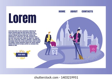 Garbage Collection Workers Cleaning Park Cartoon Banner. Male Janitor Sweeping Leaves on Street Vector Illustration. People Collecting Rubbish in Containers and Tanks on City Background Web Design.