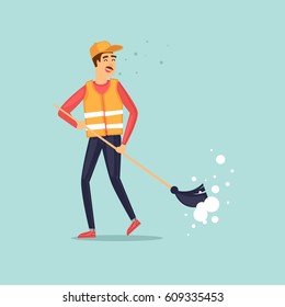 Garbage collector with a broom. Character design. Flat design vector illustration.