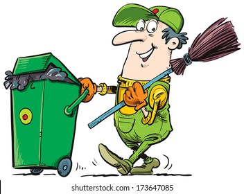 Garbage collector with a bucket and broom.