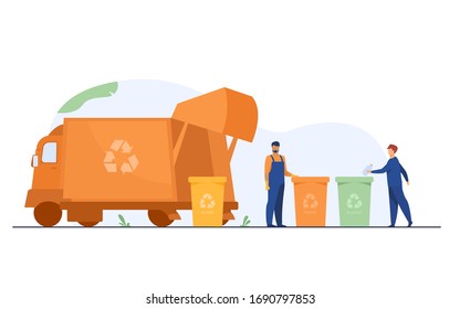 Garbage collector cleaning waste bin flat vector illustration. Cartoon man putting rubbish for recycling. Service and disposal industry concept.