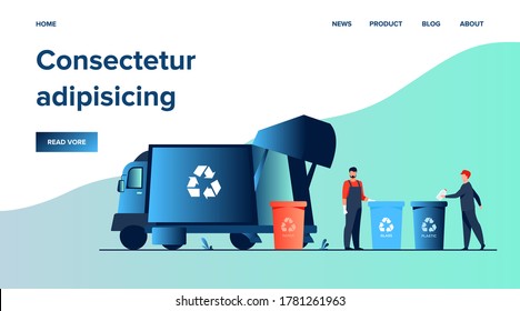 Garbage collector cleaning waste bin flat vector illustration. Cartoon man putting rubbish for recycling. Service and disposal industry concept.