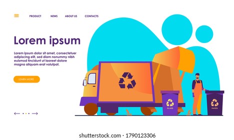 Garbage collector cleaning waste bin flat vector illustration. Cartoon man putting rubbish for recycling. Service and disposal industry concept.