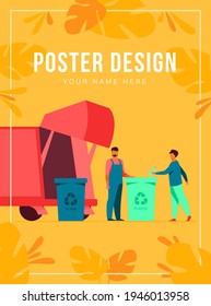 Garbage collector cleaning waste bin flat vector illustration. Cartoon man putting rubbish for recycling. Service and disposal industry concept.