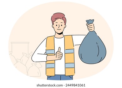 Garbage collector holding plastic bag with waste in hands show thumb up. Smiling male cleaner with bag of wastage and disposal. Occupation concept. Vector illustration.