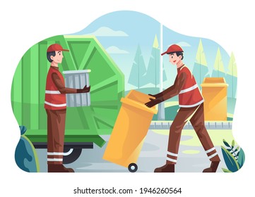 Garbage Collector Illustration, Garbageman taking Trashes in the Area to the Truck. This illustration can be use for website, landing page, web, app, and banner.