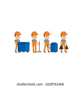 Garbage collector, janitor. Pixel art icon set. Element design for logo, stickers, web, embroidery and mobile app. Isolated vector illustration. 8-bit sprite.