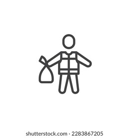 Icono de línea del recolector de elementos no utilizados. signo de estilo lineal para concepto móvil y diseño web. Hombre con icono vectorial de contorno de bolsas de basura. Símbolo, ilustración del logotipo. Gráficos vectoriales