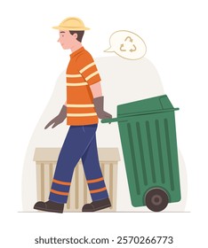 Garbage Collector Man Dragging a Recycle Plastic Garbage Bin for Waste Sorting and Recycle Concept Illustration