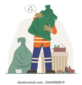 Coletor de lixo Homem equipe segurando um grande saco de lixo para triagem de resíduos e reciclagem conceito Ilustração