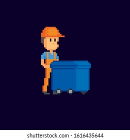 Garbage collector moves a trash can. pixel art icon. Element design for logo, stickers, web, embroidery and mobile app. Isolated vector illustration. 8-bit sprite.