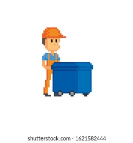 Garbage collector moves a trash can. pixel art icon. Element design for logo, stickers, web, embroidery and mobile app. Isolated vector illustration. 8-bit sprite.