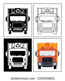 Garbage collector symbol presented as pictogram, black and white, line icons and flat icons. Set of dustmen icons.