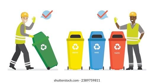 Garbage collectors team with empty trash cans after cleaning. Cartoon multiethnic male workers, isolated on white background. Garbage сontainers for separate waste collection. Flat vector illustration