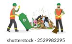 Garbage collectors and trash can with piles of garbage. Dirty trash on the floor. Bad smell and insects. Male workers characters. design isolated on white background. Cartoon vector illustration