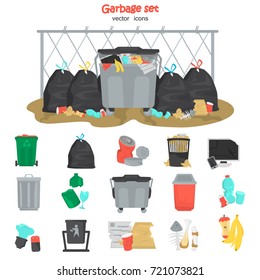 Garbage color flat icons set. Urban trash can color flat illustration. Isolated on white