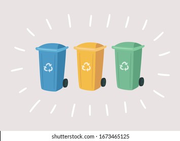 Garbage colorful cans for separate waste. Containers for Recycling Waste Sorting. Vector hand drawn set of green, blue, yellow trash bins