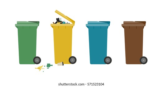 Garbage colorful cans for separate waste, flat illustration.