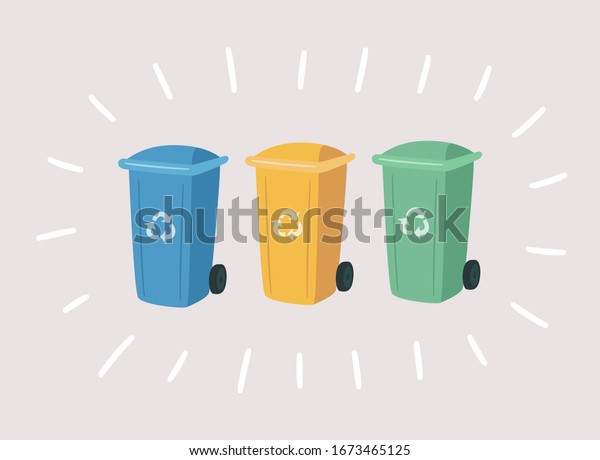 Garbage colorful cans for separate waste. Containers\
for Recycling Waste Sorting. Vector hand drawn set of green, blue,\
yellow trash bins