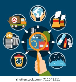 Garbage concept with flat images of human hand magnifying lens and utility waste recyclable material symbols vector illustration